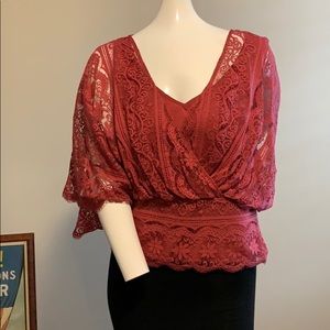Beyond Vintage Fully Lined Mixed Floral & Geometric Lace Faux Wrap Blouse Top S